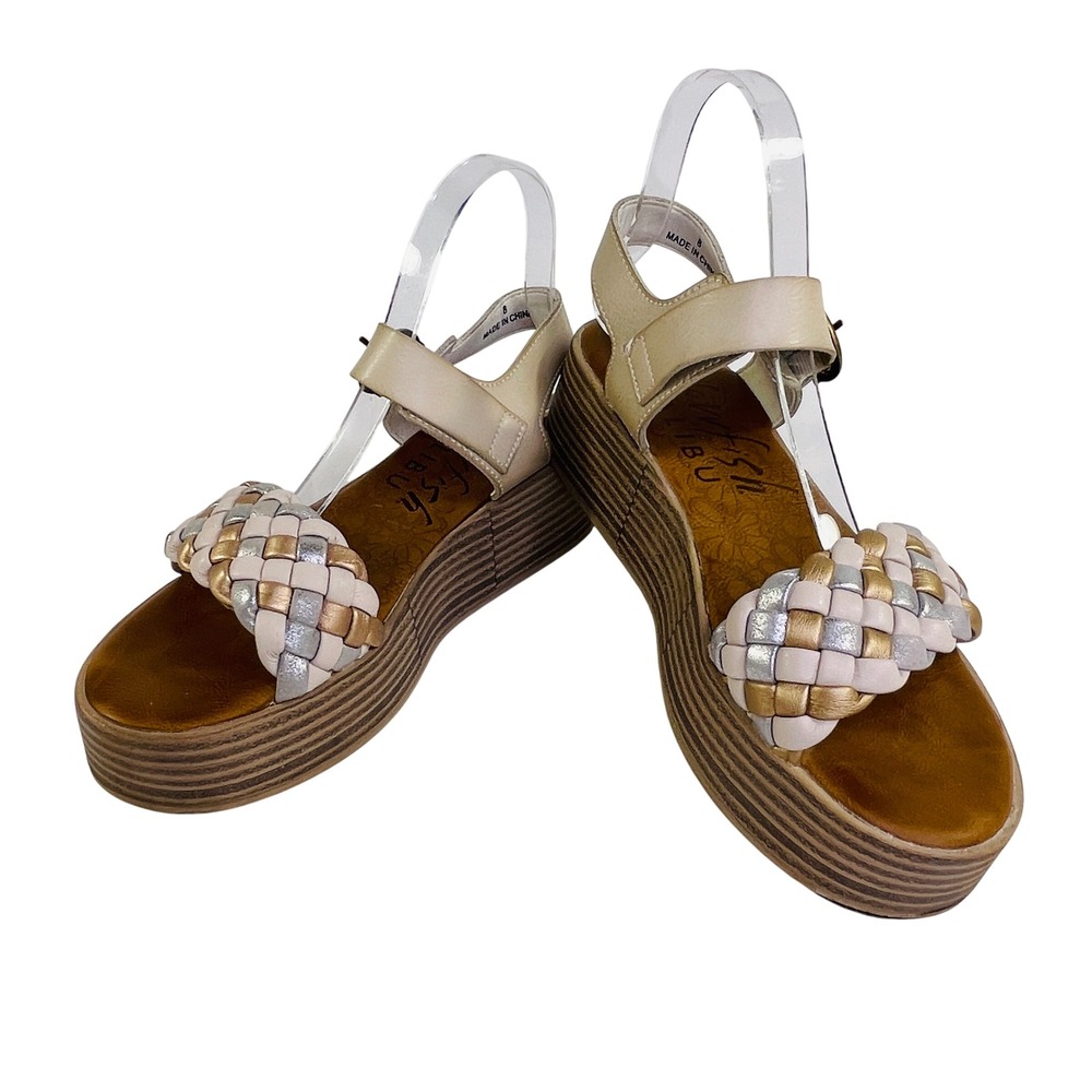 Blowfish Malibu Womens Platform Sandals Metallic Woven Strap Wedge Gold Silver 8